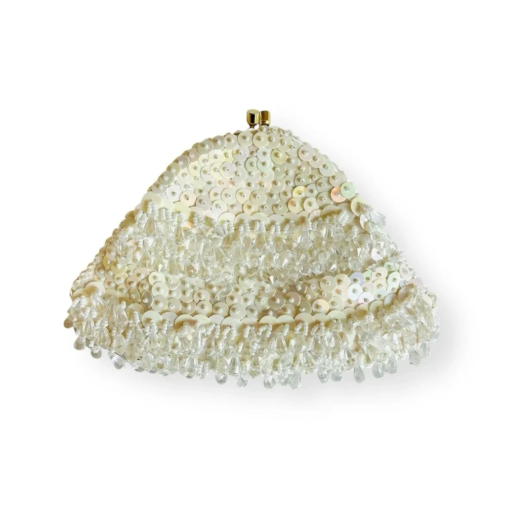 Vintage White Beaded Sequin Clutch Evening Bag Kiss Closure Hong Kong Wedding‎